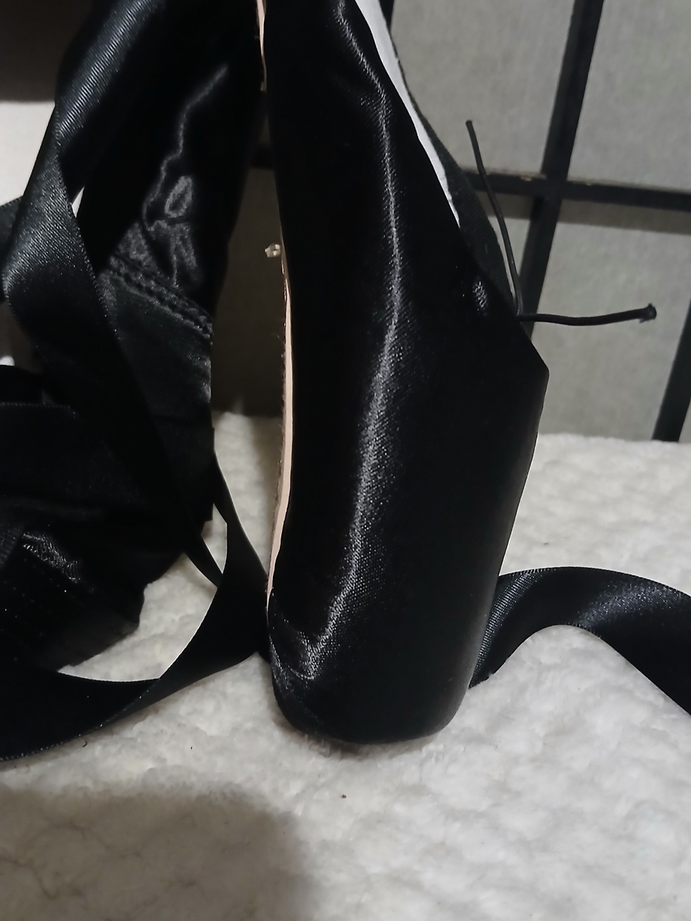 Black Satin Pointe Ballet Heels with Ankle Wraps - Picture 5 of 9